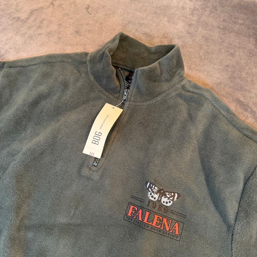 BDG Falena Quarter Zip Fleece Pullover Mens Large Green Moth Graphic NWT
